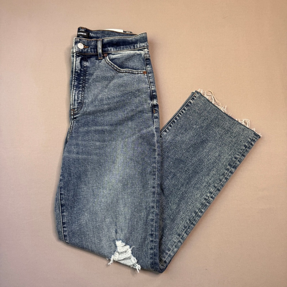 Express Modern Straight Super High Rise Distressed Jeans Medium Wash 10R